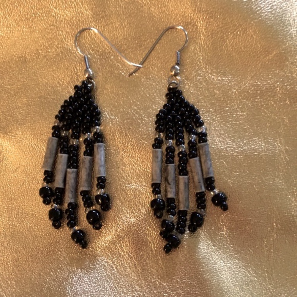 Stone Dangle Earring Hand beaded in Grey and Black Handmade